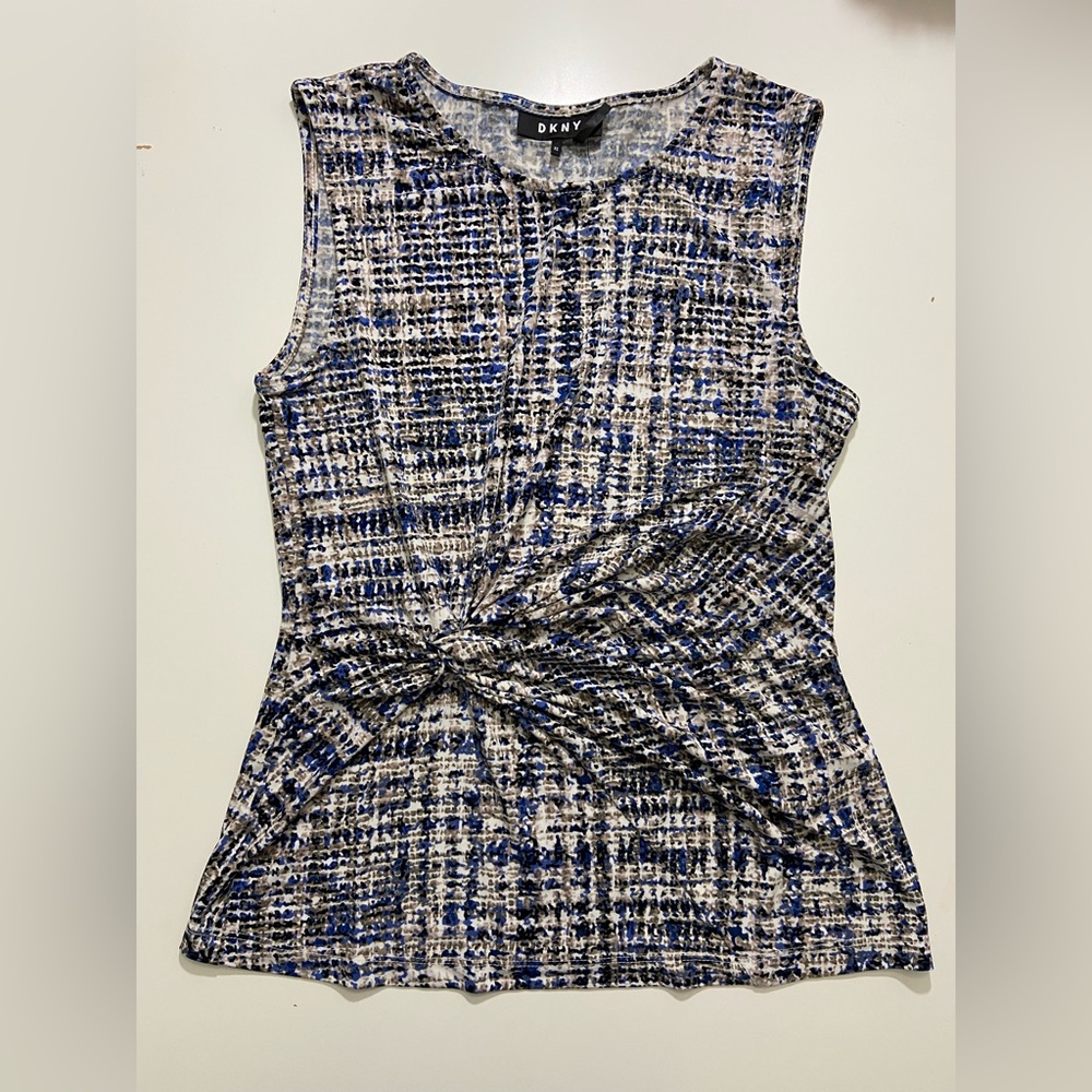 DKNY Shell Front Knot Sleeveless Tweed Print Asymmetrical Blue Jersey Size XS